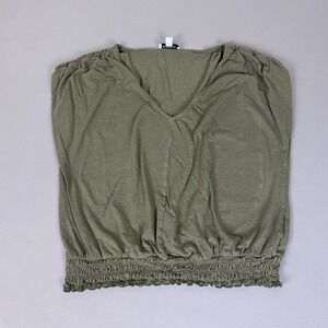 Evereve Blouse Top Women's Size XL Olive Green V-Neck Smocked Hem Cap Sleeve